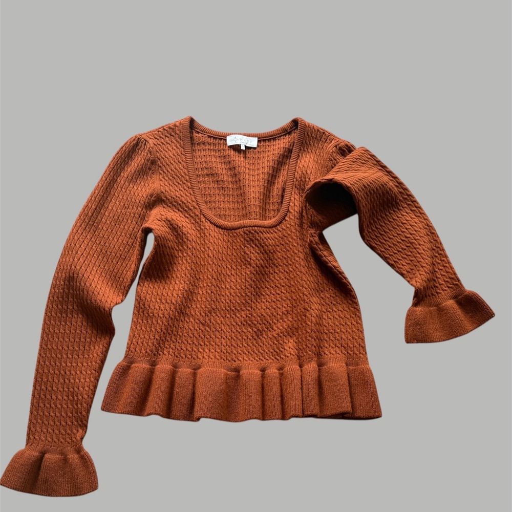 Rust Orange Knit Sweater with Ruffle Hem
